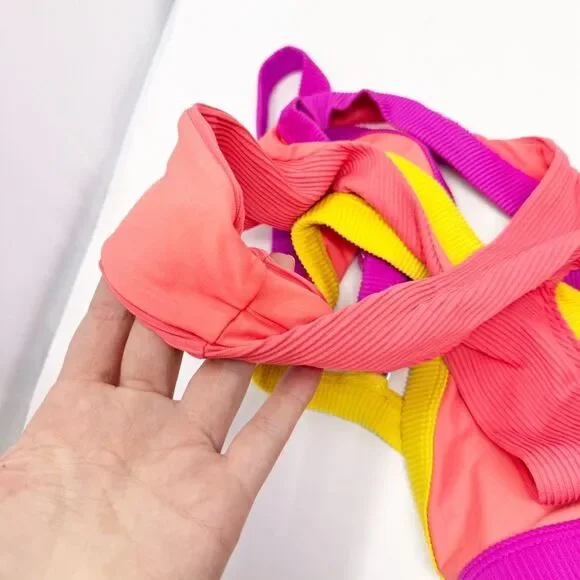 Oneone bikini Ribbed Neon Orange Triangle Bikini Set Beach Medium Large